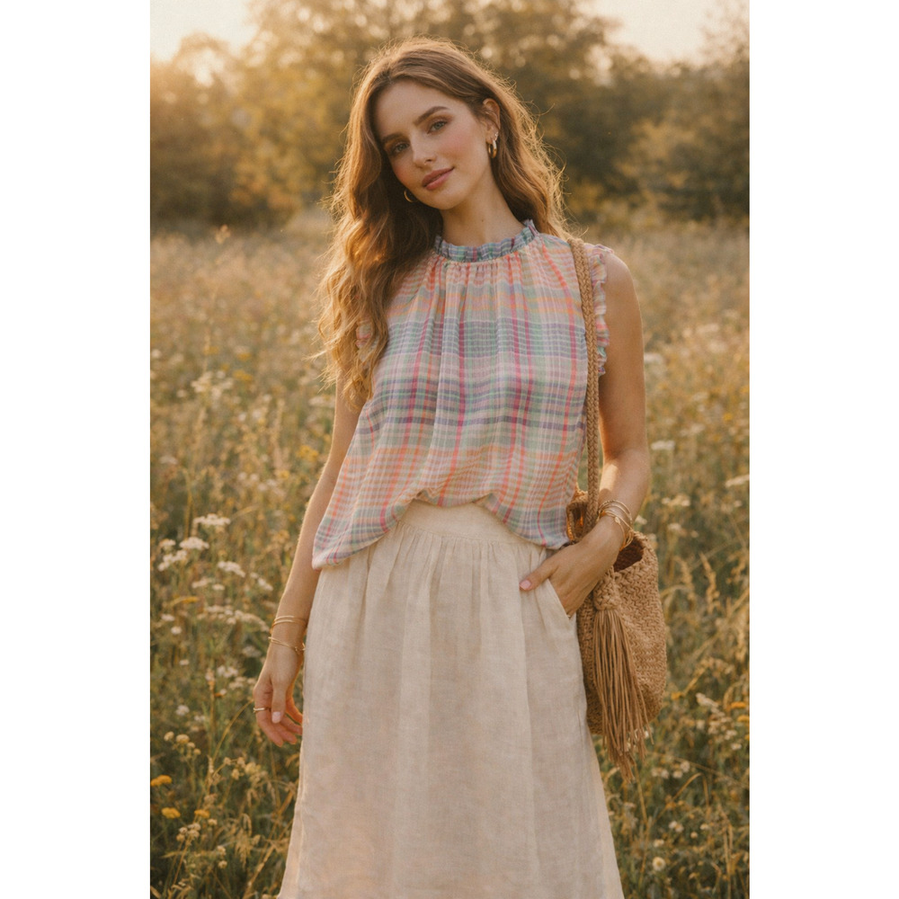 Belle & Skly Pastel Plaid Crinckled Semi Sheer Top Size S Chic Boho Cottage Core